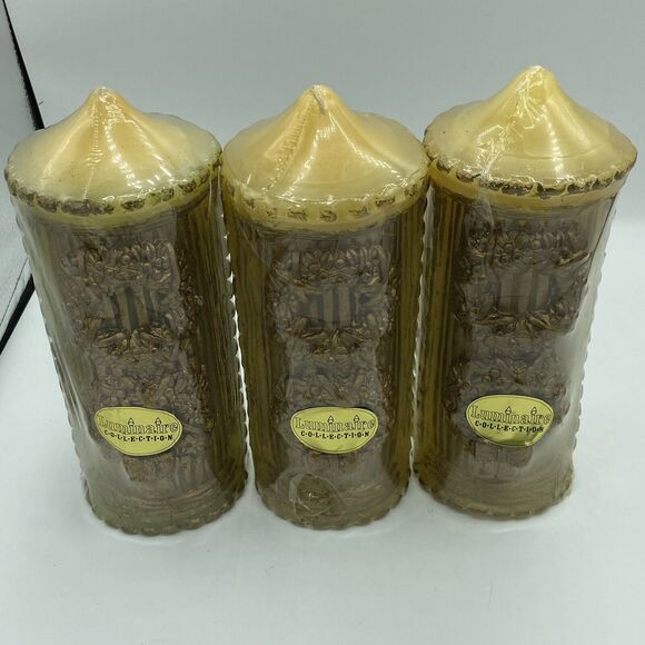 NOS Christmas Candle Wax Pillar gold Vintage Carved wreath Luminaire 9" Lot - Picture 1 of 4